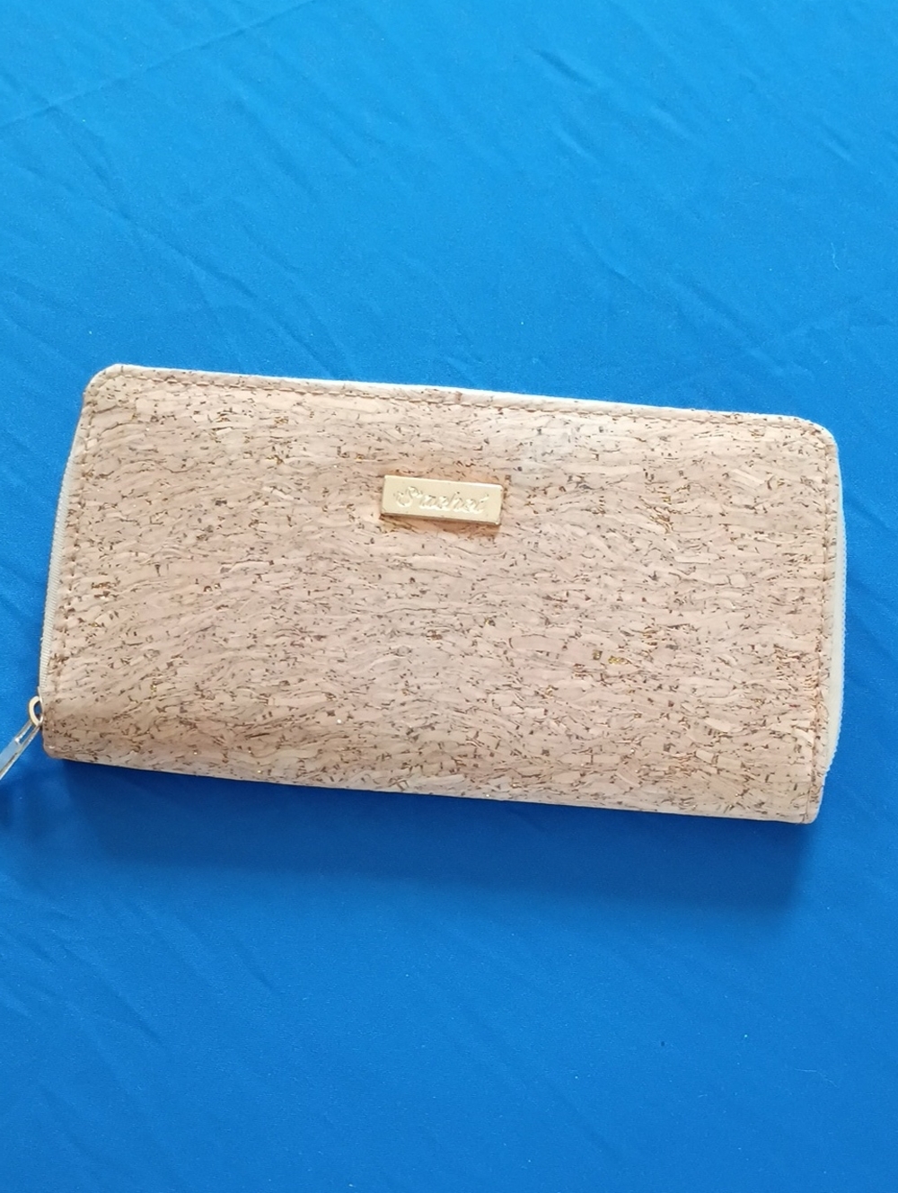 Zip-Around Cork Wallet with Gold Logo Plaque - Beige